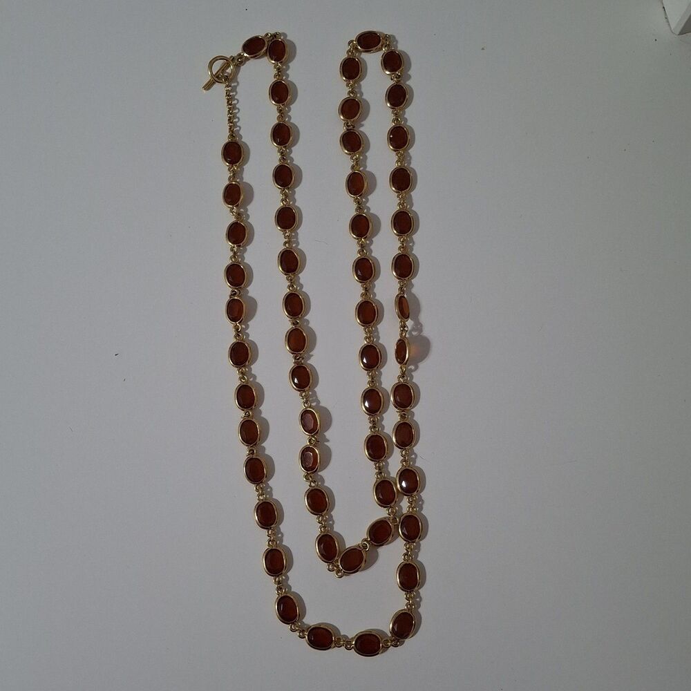 Gold Tone Long Single Strand Orange Amber Brown Oval Necklace Toggle